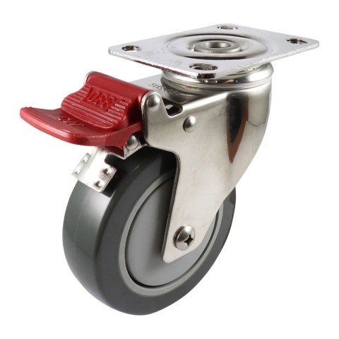 EASYROLL GREY URETHANE SWIVEL PLATE BRAKE CASTOR S/S 100MM 